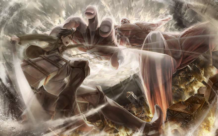 HD desktop wallpaper featuring Eren Yeager confronting the Colossal Titan, from the anime Attack on Titan, amidst a dramatic battle scene.