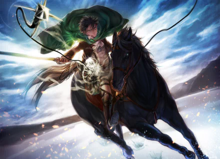 HD wallpaper of Levi Ackerman from the anime Attack on Titan, depicted heroically riding a horse with dynamic lighting and intense action elements.