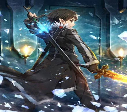 Kirito from Sword Art Online stands confidently wielding his swords in this striking HD desktop wallpaper, showcasing the dynamic art style of Sword Art Online II.