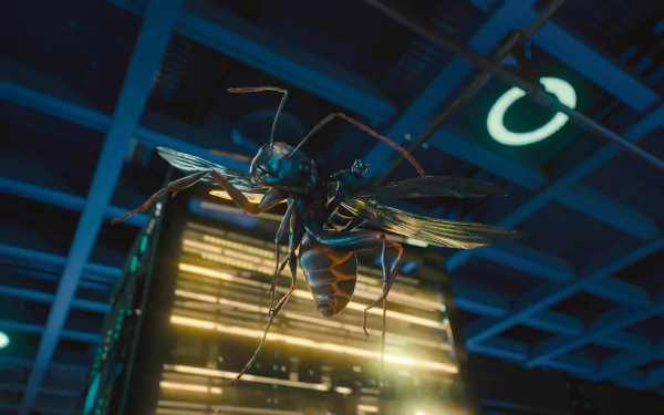 4K Ultra HD PC desktop wallpaper featuring a detailed close-up of a wasp from the Ant-Man movie against a futuristic, illuminated background.
