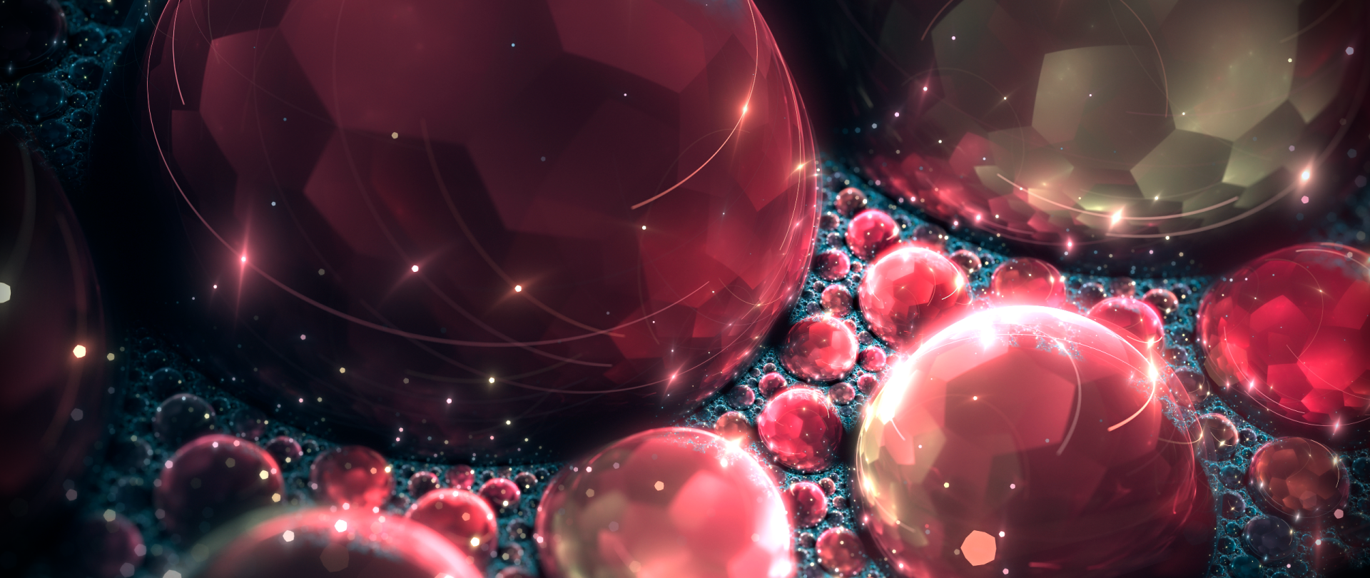 A trippy 3D CGI abstract fractal featuring glowing red spheres clustered in intricate patterns, designed as an HD PC desktop wallpaper and background.
