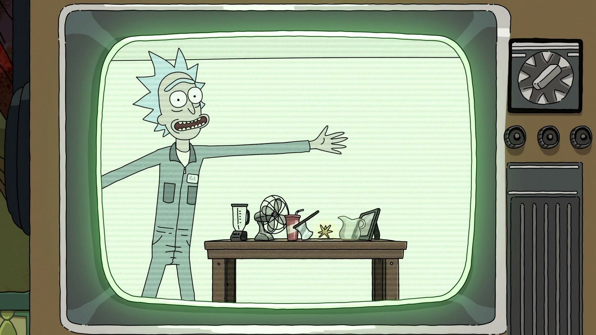 HD PC desktop wallpaper of Rick Sanchez (TV show Rick and Morty) on a retro TV screen, gesturing beside a table of gadgets.
