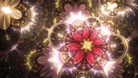 Psychedelic CGI wallpaper featuring a vibrant abstract flower design, enhanced by trippy fractal patterns and a rich color palette that creates an immersive visual experience.