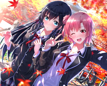 HD desktop wallpaper featuring Yui Yuigahama and Yukino Yukinoshita from the anime My Teen Romantic Comedy SNAFU, surrounded by autumn leaves in a vibrant background.