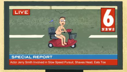 HD PC wallpaper from Rick and Morty Interdimensional Cable: Jerry Smith on a mobility scooter in a live 6 News special report, with a breaking news ticker across the bottom.