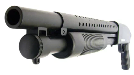 Close-up of a black shotgun, showcasing its sleek design and intricate details. This HD image serves as a striking desktop wallpaper and background.