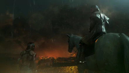 HD PC desktop wallpaper of Metal Gear Solid V: The Phantom Pain — a rain-soaked, cinematic night scene with a mounted soldier on horseback facing a standing figure amid burning reflections.