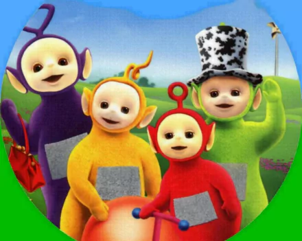 HD desktop wallpaper featuring the colorful Teletubbies characters from the TV show, set against a bright, cheerful outdoor background.
