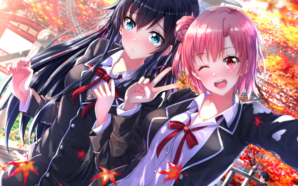 HD desktop wallpaper featuring Yui Yuigahama and Yukino Yukinoshita from the anime My Teen Romantic Comedy SNAFU, surrounded by autumn leaves in a vibrant background.