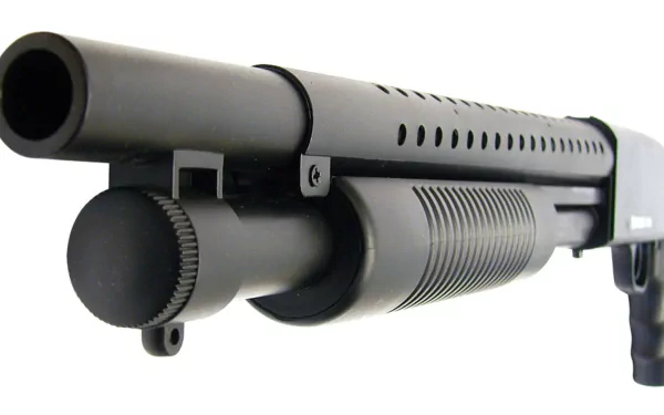 Close-up of a black shotgun, showcasing its sleek design and intricate details. This HD image serves as a striking desktop wallpaper and background.
