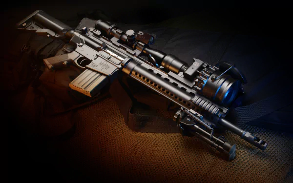 An HD wallpaper featuring a detailed shot of an M16 rifle, showcasing its design with various attachments against a dark background.