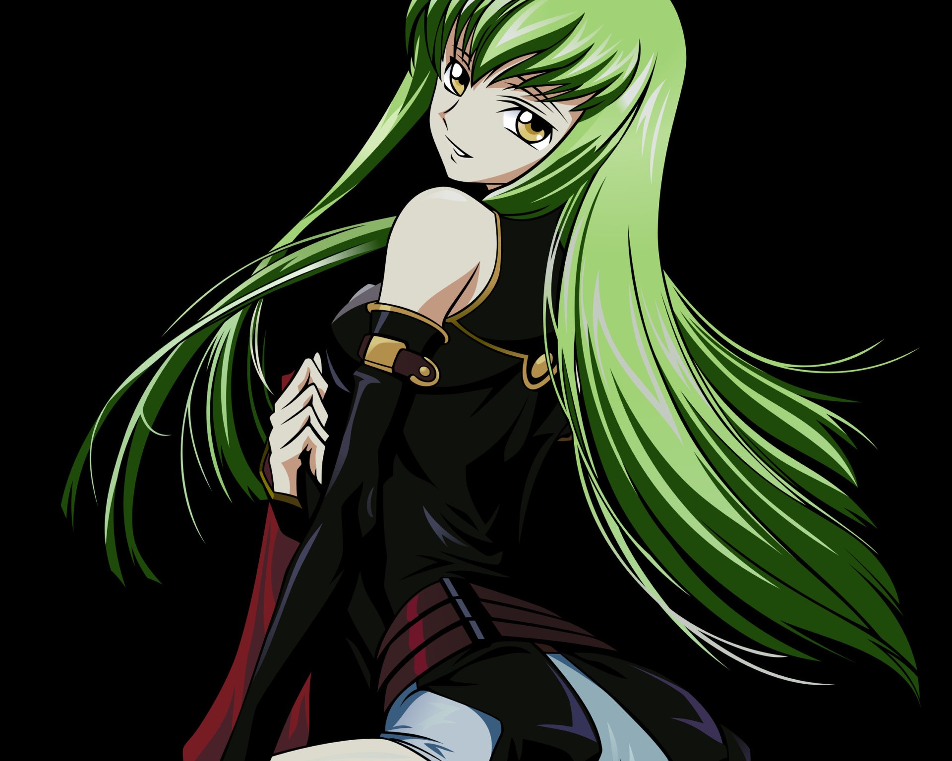 C.C. (Code Geass) anime 2K Quad HD PC wallpaper: green‑haired C.C. in a black outfit posed against a dark background, looking over her shoulder.