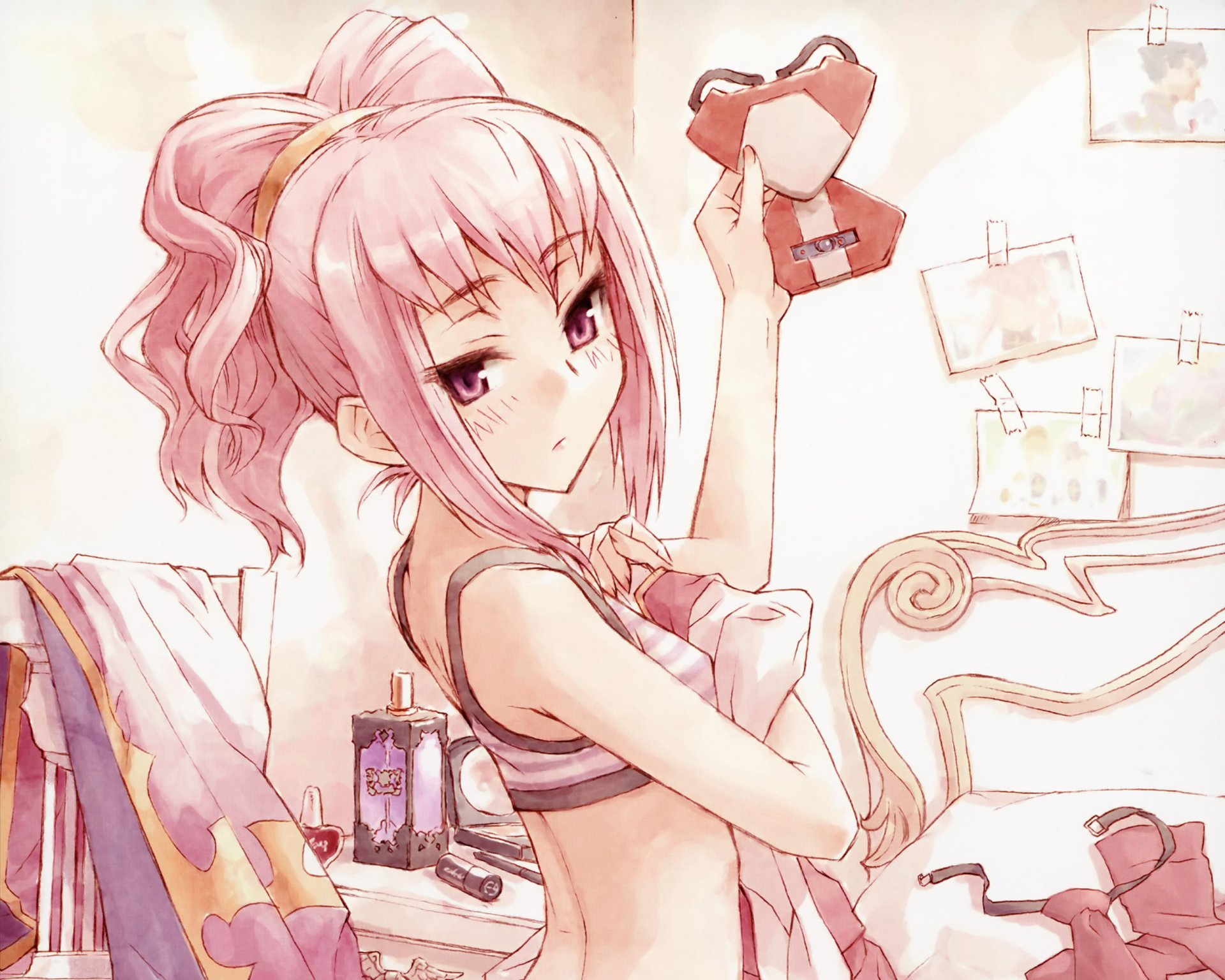 Anya Alstreim from Code Geass, pink-haired in lingerie holding cards in a pastel bedroom — 2K Quad HD PC desktop wallpaper.