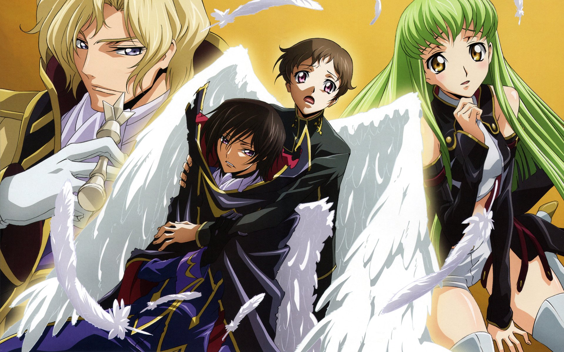 4K Ultra HD PC desktop wallpaper of Code Geass featuring Schneizel El Britannia, Lelouch Lamperouge, Rolo Lamperouge and C.C., posed with white angel wings and falling feathers.