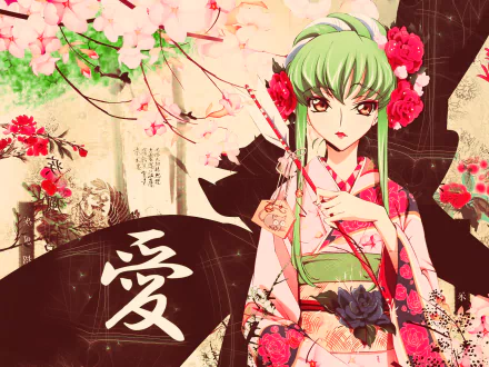 A vibrant HD desktop wallpaper featuring C.C. from Code Geass, adorned in a colorful kimono with floral elements, surrounded by enchanting cherry blossoms and elegant designs.