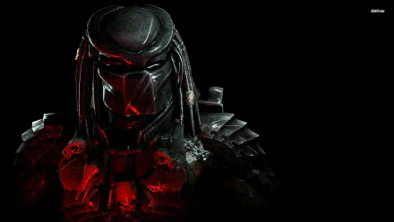 A stunning HD wallpaper featuring a dark warrior from the video game Aliens vs. Predator, showcasing the Predator's menacing visage and intricate armor against a black backdrop.