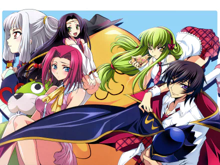 HD PC desktop wallpaper featuring Kaguya Sumeragi, Jiang Lihua, Lelouch Lamperouge, Kallen Kōzuki, and C.C. from the anime Code Geass in vibrant colors.