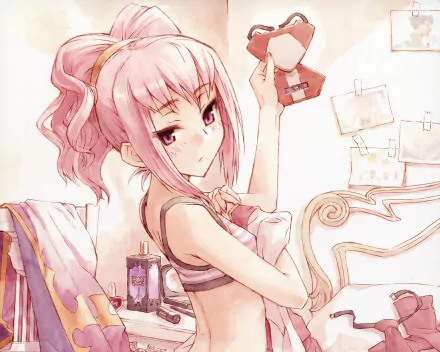 Anya Alstreim from Code Geass, pink-haired in lingerie holding cards in a pastel bedroom — 2K Quad HD PC desktop wallpaper.