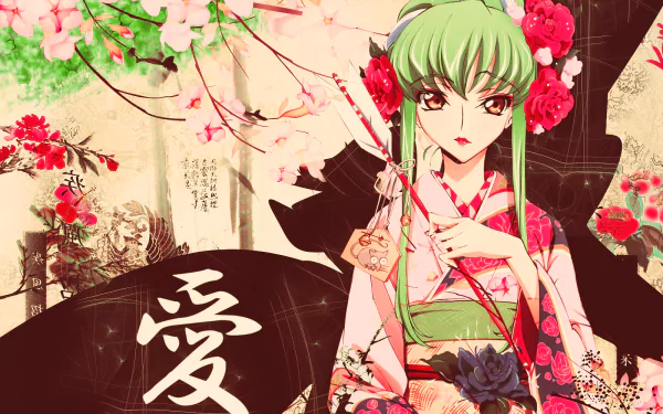 A vibrant HD desktop wallpaper featuring C.C. from Code Geass, adorned in a colorful kimono with floral elements, surrounded by enchanting cherry blossoms and elegant designs.