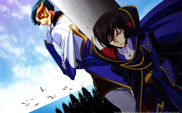 HD anime desktop wallpaper featuring Jeremiah Gottwald and Lelouch Lamperouge from Code Geass against a bright sky and distant treetops.