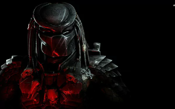 A stunning HD wallpaper featuring a dark warrior from the video game Aliens vs. Predator, showcasing the Predator's menacing visage and intricate armor against a black backdrop.