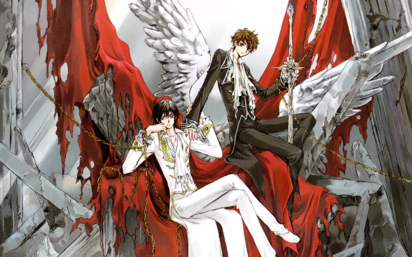 Suzaku Kururugi and Lelouch Lamperouge from Code Geass sit on a dramatic throne adorned with red and white elements, showcasing their intense bond in a captivating anime scene.