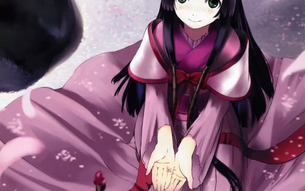 Kaguya Sumeragi from Code Geass is depicted in vibrant anime style, wearing a flowing pink kimono with a serene expression against a soft, floral HD desktop wallpaper background.