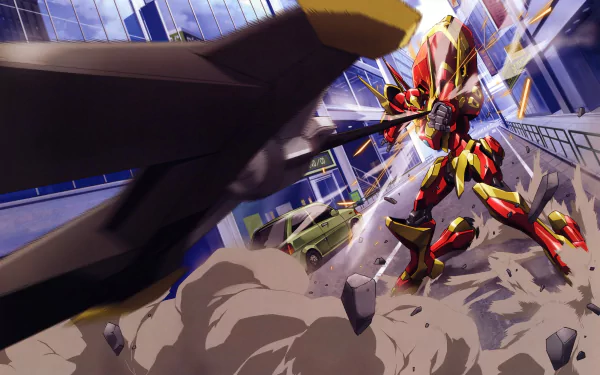4K Ultra HD Code Geass anime wallpaper featuring dynamic mech action in an urban setting with shattered glass and intense motion, designed for PC desktops.