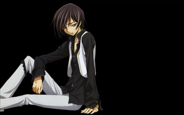 Lelouch Lamperouge (Code Geass) seated on a black background in a dark jacket and white pants, intense gaze — 4K Ultra HD anime PC desktop wallpaper/background.