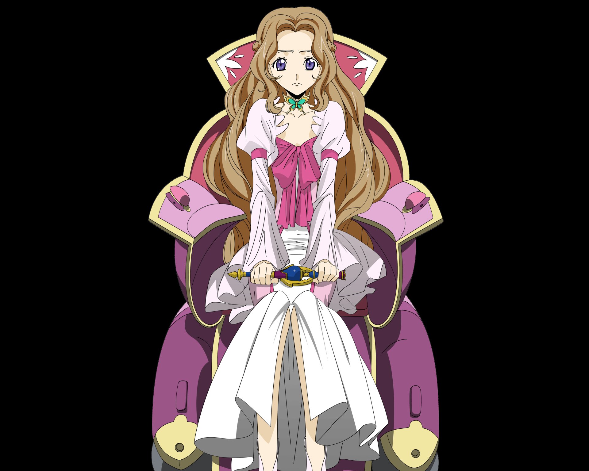 Nunnally Lamperouge from the anime Code Geass sits elegantly on a royal purple chair, showcased in a vibrant 4K Ultra HD PC desktop wallpaper.