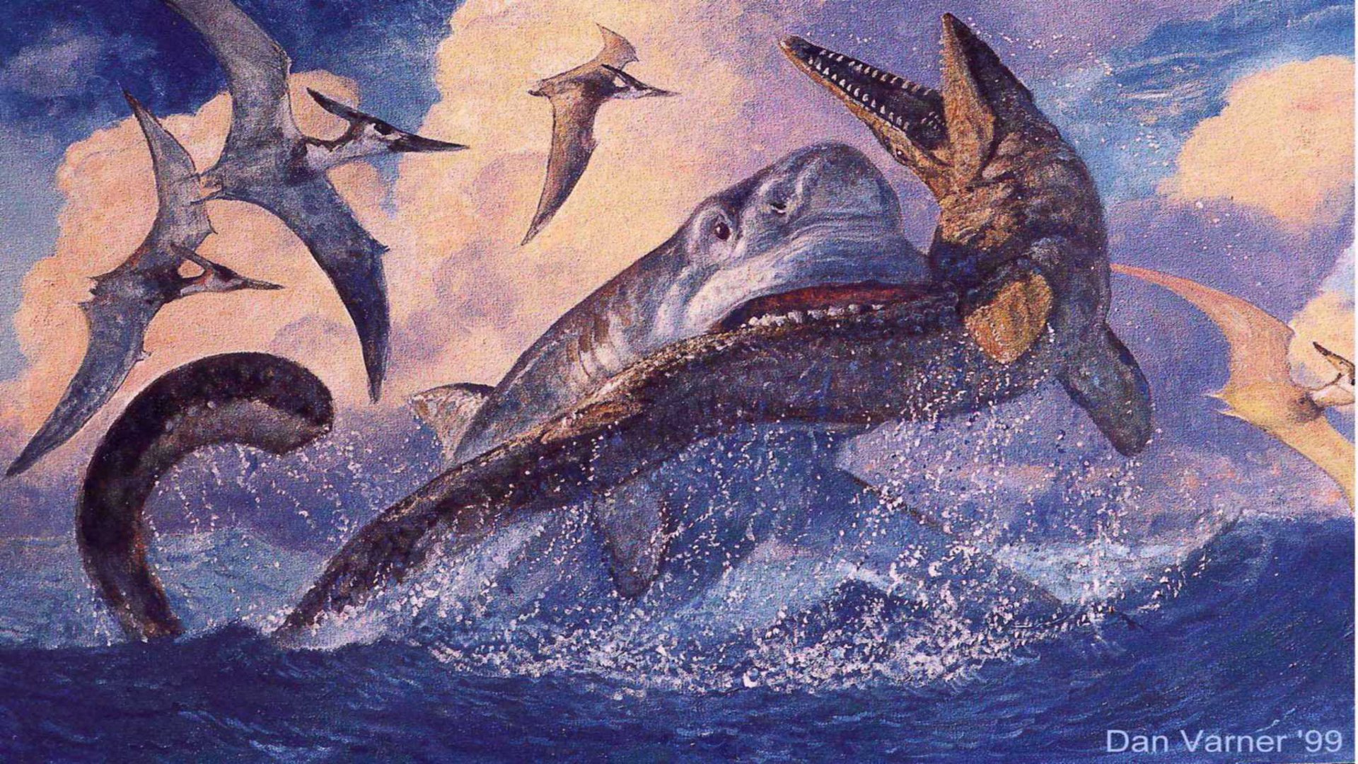 A vibrant HD wallpaper featuring a prehistoric scene with a large marine reptile hunting a fish, surrounded by flying pterosaurs against a dramatic sky backdrop.