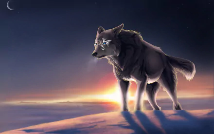 Fantasy HD desktop wallpaper featuring a majestic wolf standing against a tranquil sunset backdrop, with the distant moon visible in the sky.