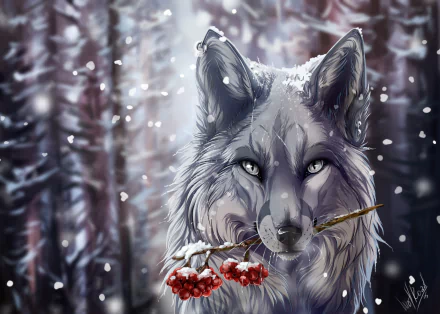 HD fantasy desktop wallpaper featuring a majestic wolf in a snowy forest, holding a sprig of berries in its mouth.