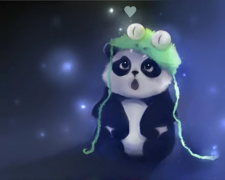 HD desktop wallpaper featuring an animated panda wearing a playful green hat with frog eyes, set against a softly lit, dreamy background.