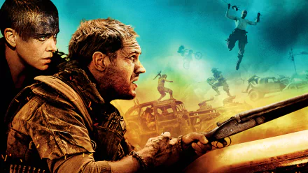 HD PC desktop wallpaper featuring Imperator Furiosa (Charlize Theron) and Max Rockatansky (Tom Hardy) from the movie Mad Max: Fury Road in an action-packed desert scene.