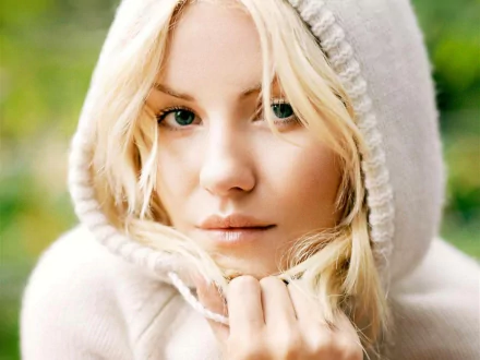 HD desktop wallpaper featuring a close-up of celebrity Elisha Cuthbert wrapped in a cozy hooded sweater with a soft, natural background.