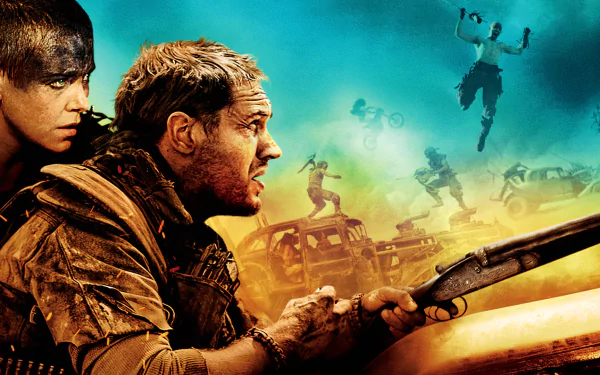 HD PC desktop wallpaper featuring Imperator Furiosa (Charlize Theron) and Max Rockatansky (Tom Hardy) from the movie Mad Max: Fury Road in an action-packed desert scene.