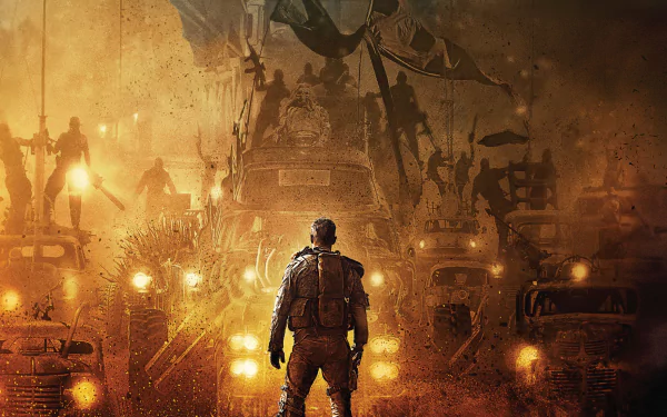 HD desktop wallpaper featuring Max Rockatansky facing Immortan Joe's war rig in a fiery, post-apocalyptic scene from the movie Mad Max: Fury Road.