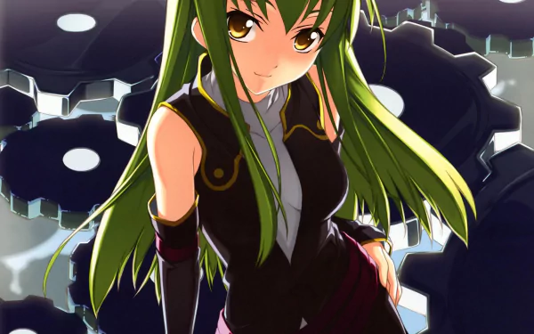 C.C. from Code Geass anime in a dynamic pose with green hair and black outfit, set against a background of mechanical gears; 4K Ultra HD PC desktop wallpaper.
