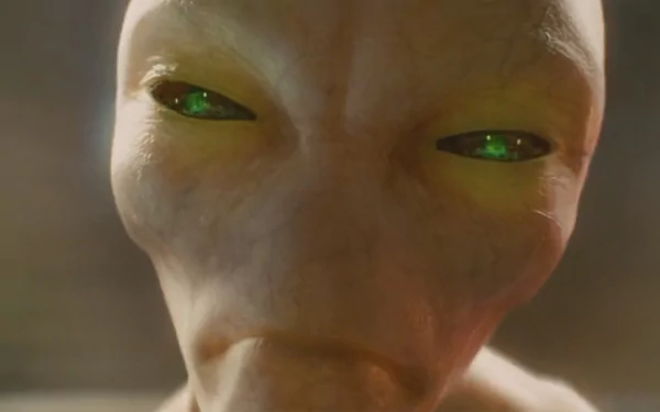 Close-up of a mysterious alien with glowing green eyes from the movie Indiana Jones and the Kingdom of the Crystal Skull, HD PC desktop wallpaper and background.