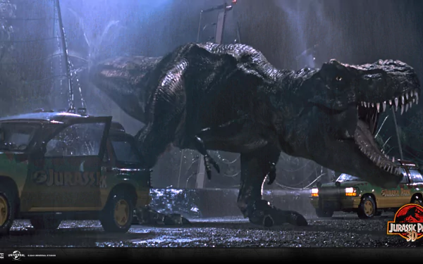 A dramatic HD desktop wallpaper featuring a T-Rex from the movie Jurassic Park, poised menacingly in a rain-soaked scene with cars below, capturing the movie's thrilling atmosphere.