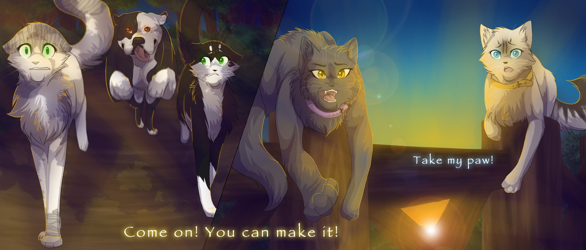 Fantasy-themed 4K Ultra HD desktop wallpaper featuring a determined fantasy cat and dog in an adventurous setting with motivational text.