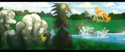 HD wallpaper featuring Shiny Pokémon including Luxray, Umbreon, Vaporeon, Rapidash, Zebstrika, and Ninetales in a vibrant grassy meadow with a clear sky.