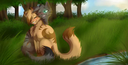 HD fantasy desktop wallpaper featuring two affectionate cats with intricate markings, set in a lush green forest near a calm stream.