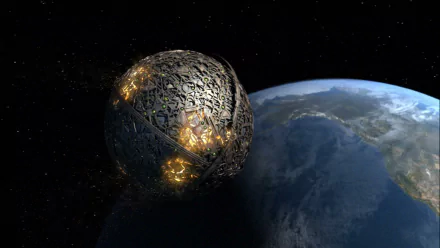 HD desktop wallpaper featuring a detailed view of a Borg sphere in space from the TV show Star Trek: Enterprise, with Earth partially visible in the background.