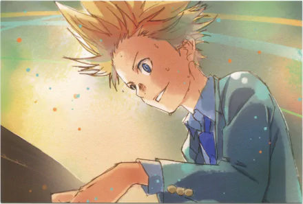 A vibrant HD desktop wallpaper featuring Takeshi Aiza, a character from the anime Your Lie in April, passionately playing the piano with an expressive smile.