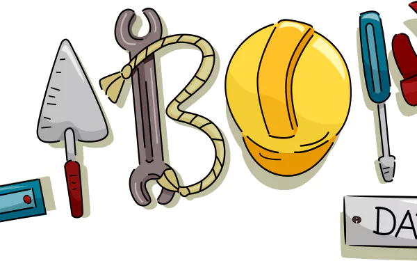 4K Ultra HD Labor Day desktop wallpaper featuring illustrated tools and a yellow hard hat, symbolizing labor and holiday celebration.