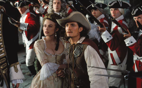HD PC desktop wallpaper featuring Will Turner (Orlando Bloom) and Elizabeth Swann (Keira Knightley) from the movie Pirates of the Caribbean: The Curse of the Black Pearl.