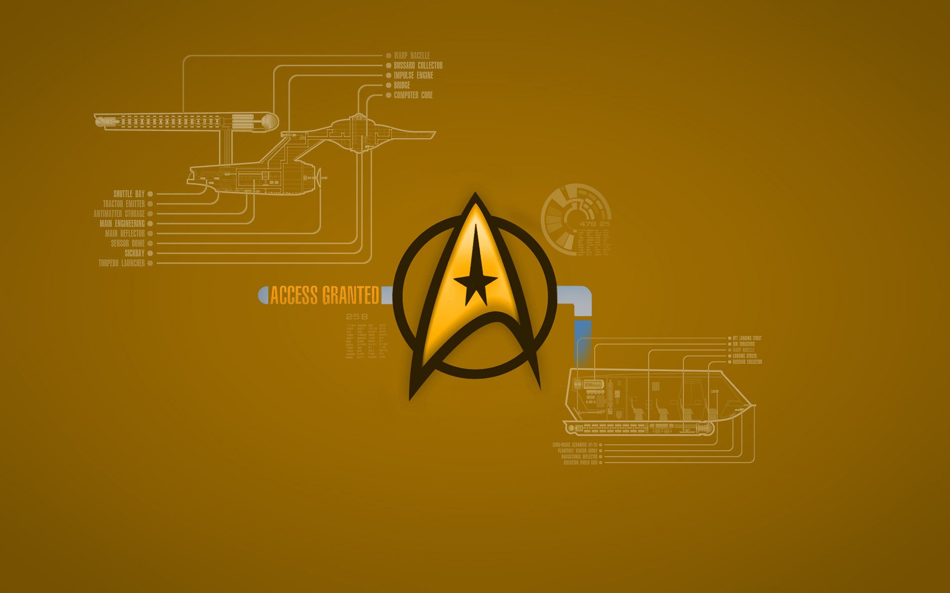 HD Sci-Fi desktop wallpaper featuring the iconic Star Trek emblem with technical schematics and a futuristic design on a golden background.