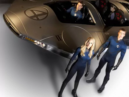 Mister Fantastic, Invisible Woman, and Human Torch from Marvel's Fantastic Four stand in front of their sleek vehicle, showcasing the iconic superhero team in a dynamic HD desktop wallpaper.